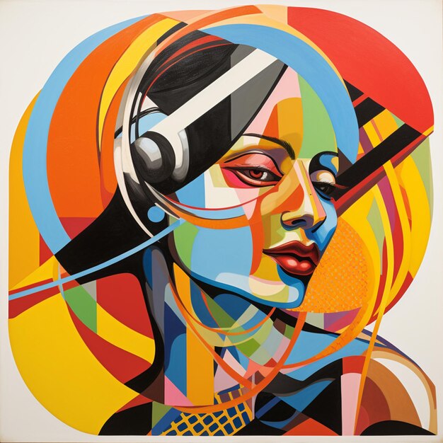 Painting of a woman with headphones and a colorful background generative ai