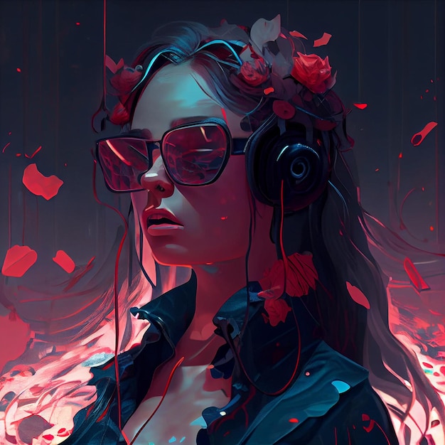 Painting of a woman with headphones and on dark background generative ai