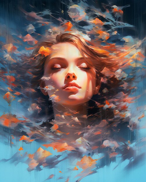 Картина женщины с закрытыми глазами и волосами, дующими на ветру.