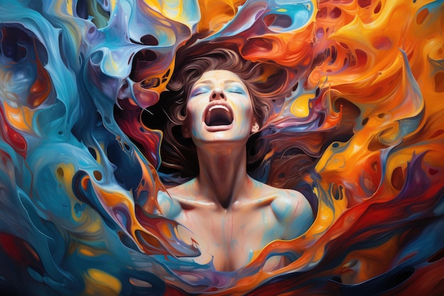 A painting of a woman with her mouth open expressing emotion or speech a whirlwind of emotions conveyed through swirling acrylic hues ai generated