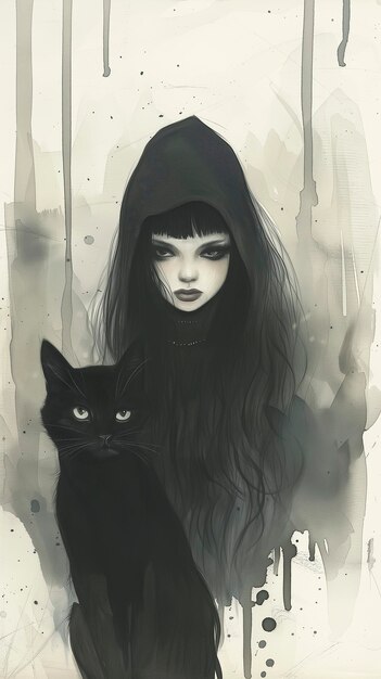 Painting of a woman with a hood and a cat