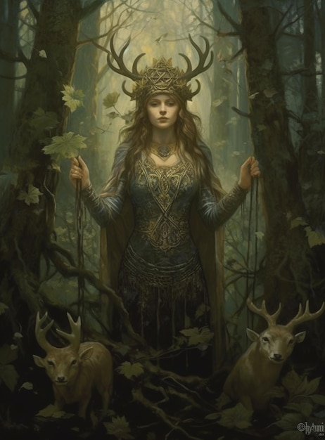 A painting of a woman with horns and a deer in the woods.