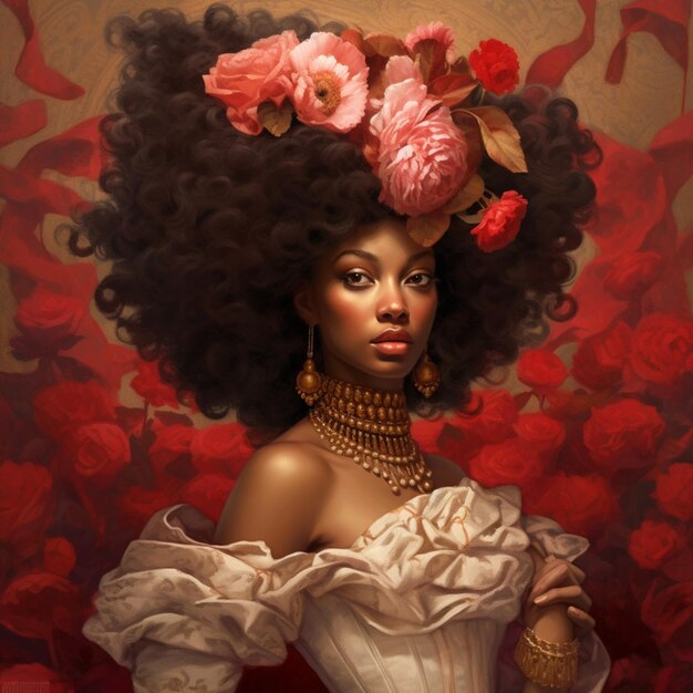 Картина женщины с большим афро и цветочной короной