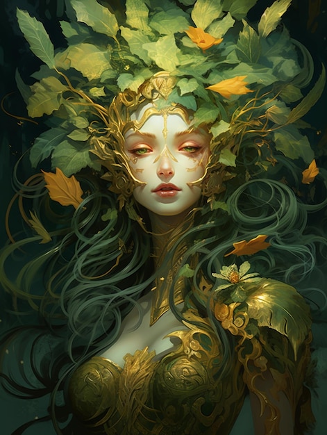 Painting of a woman with a leafy head and a golden dress generative ai