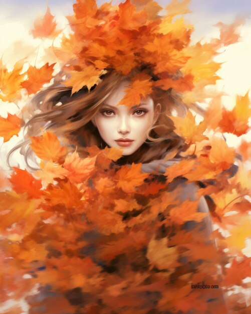 painting of a woman with leaves on her head generative ai