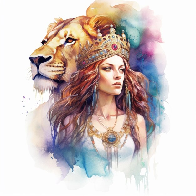 Foto dipinto di una donna con una testa di leone e una collana generativa ai