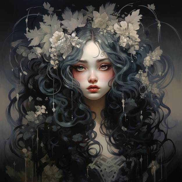 painting of a woman with long black hair and flowers in her hair generative ai