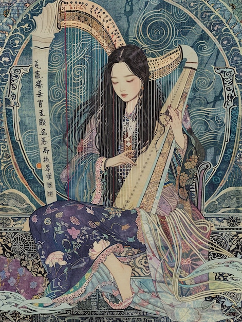 a painting of a woman with long black hair holding a harp