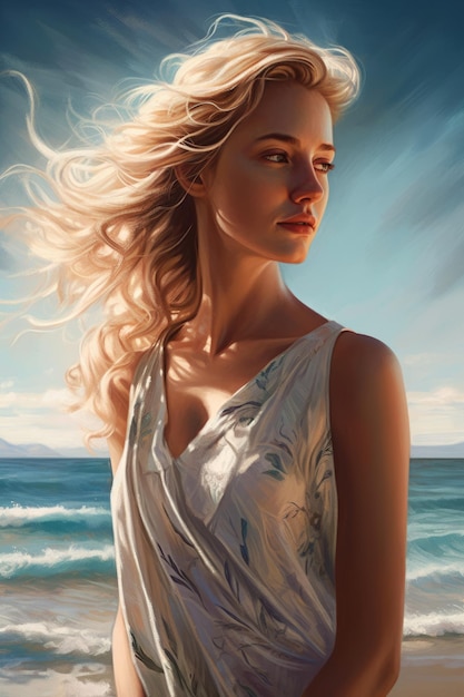 해변에 서 있는 긴 금발 머리를 가진 여자의 그림.
