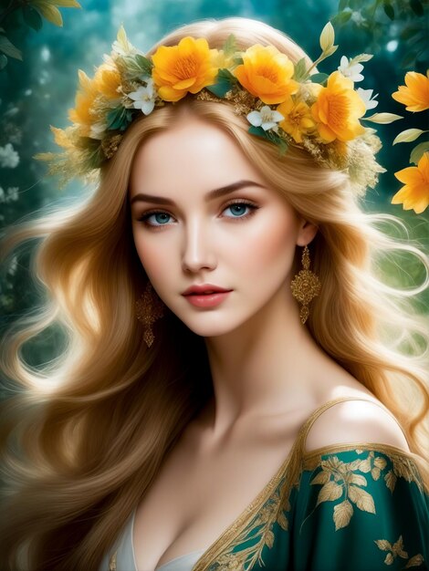 Painting of woman with long blonde hair wearing wreath of flowers