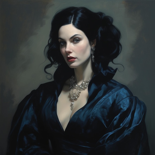 a painting of a woman with long dark hair and a black dress with a pearl necklace.