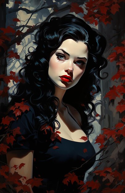 Photo a painting of a woman with long dark hair and red lips