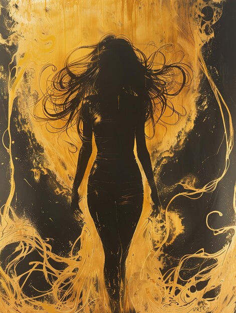 a painting of a woman with long hair and a black dress with a yellow background