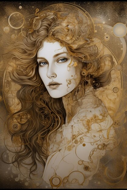 painting of a woman with long hair and blue eyes in a gold background generative ai