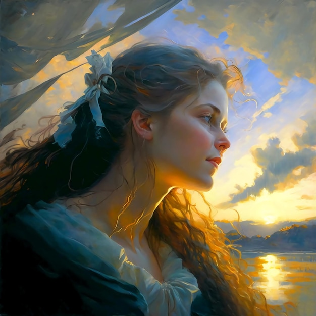 A painting of a woman with long hair and a blue shirt that says " the sun is setting ".