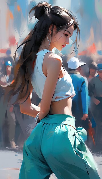 Photo a painting of a woman with long hair and a blue skirt