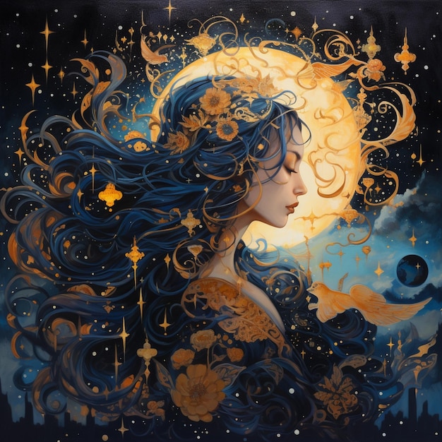 painting of a woman with long hair and a full moon generative ai