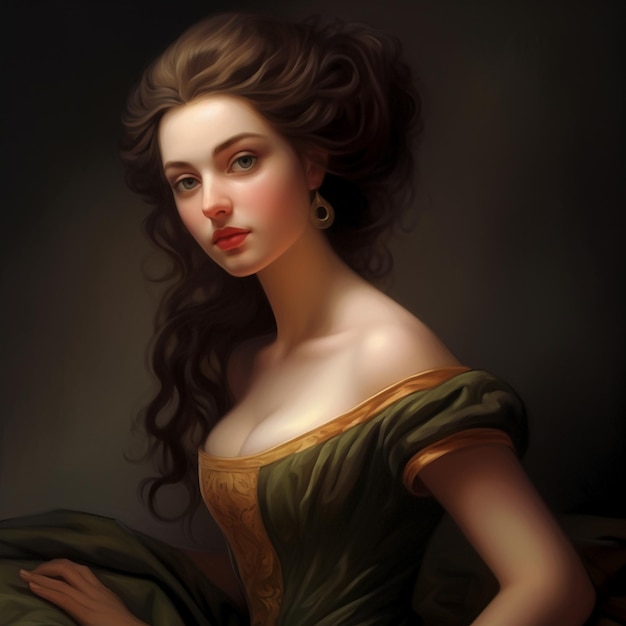 A painting of a woman with long hair and a green dress