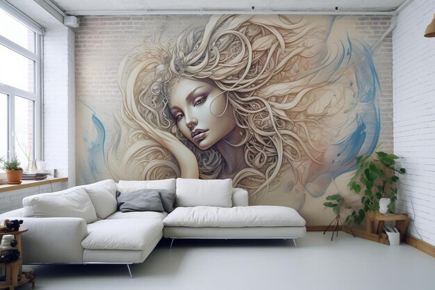 a painting of a woman with long hair is on a wall above a couch.