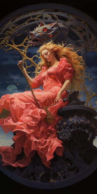 картина женщины с длинными волосами и длинным красным платьем с длинным плетением