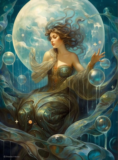 Картина женщины с длинными волосами и длинным хвостом сидит на голубом фоне с луной на заднем плане.