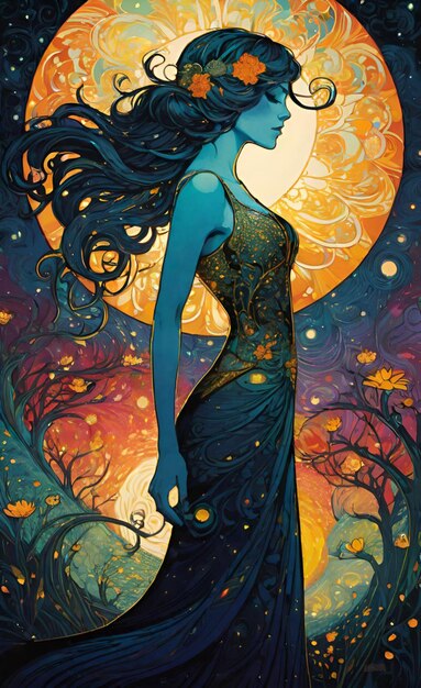 a painting of a woman with long hair and a moon in the background