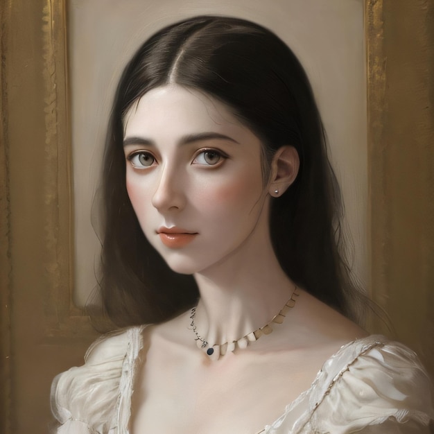Картина с изображением женщины с длинными волосами и ожерельем с надписью «на девушке ожерелье». '