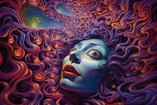 a painting of a woman with long hair and red lips is shown with a blue face