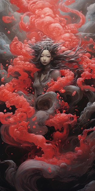 a painting of a woman with long hair and a red water droplet