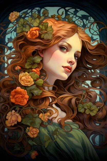 長い赤い髪と髪に花を咲かせた女性の絵生成ai