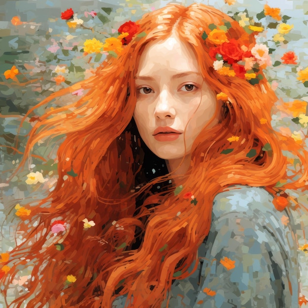 A painting of a woman with long red hair and flowers in her hair