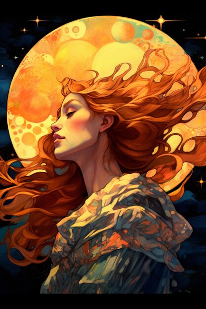 Painting of a woman with long red hair and a full moon generative ai