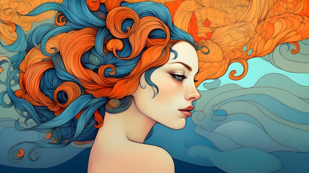 A painting of a woman with orange and blue hair and a blue background.