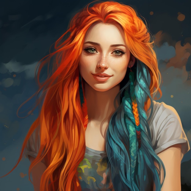 a painting of a woman with orange and blue hair