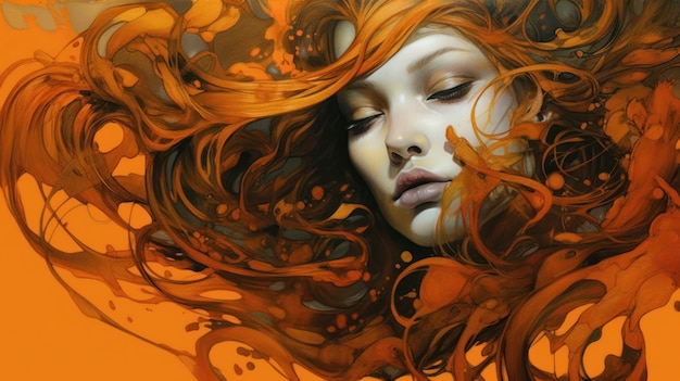 オレンジ色の髪とオレンジ色の髪の女性の絵