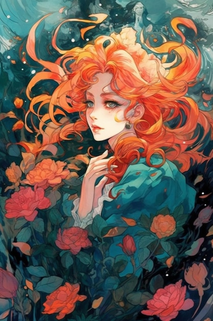 A painting of a woman with orange hair and red hair