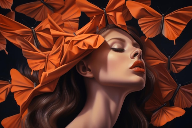 A painting of a woman with orange leaves on her head