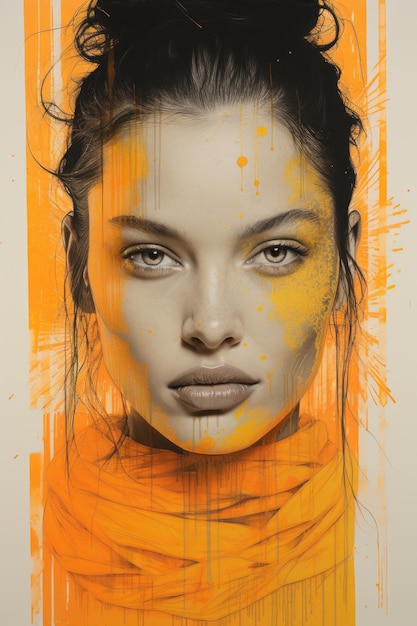 A painting of a woman with orange paint on her face