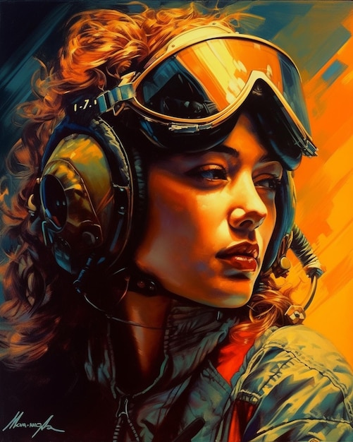 A painting of a woman with a pilot's helmet and the words " pilot " on the front.