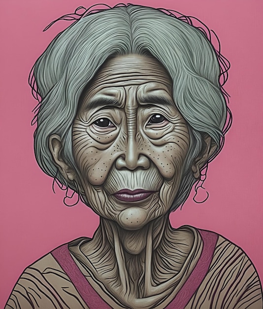 A painting of a woman with a pink background and the words'old lady'on it