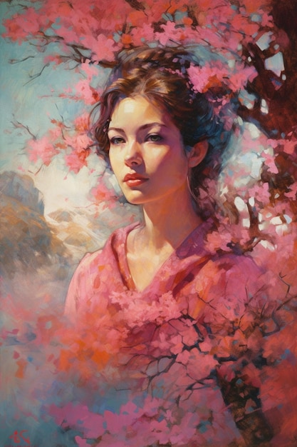 Картина женщины с розовыми цветами