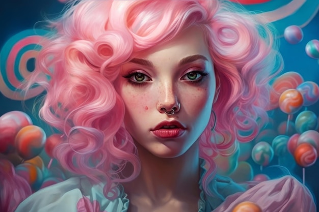 A painting of a woman with pink hair and a blue eye.