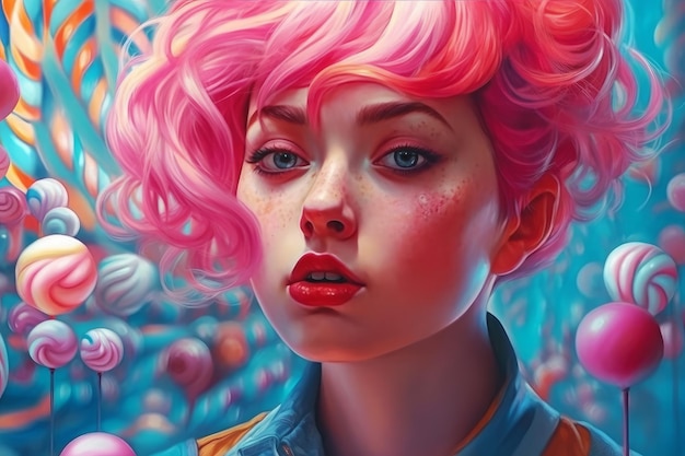 A painting of a woman with pink hair and blue eyes.