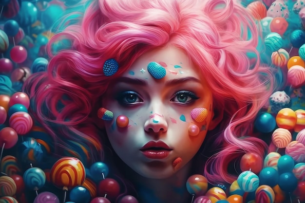 A painting of a woman with pink hair and colorful candies