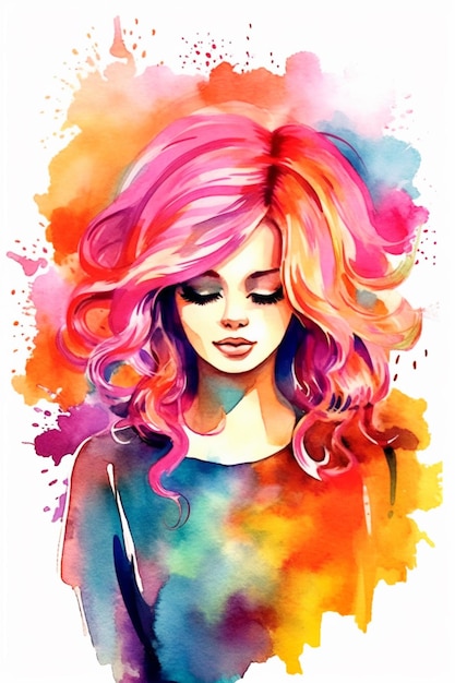 A painting of a woman with pink hair and a colorful dress generative ai