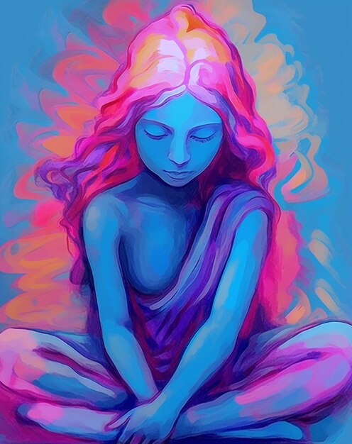 Painting of a woman with pink hair sitting on the ground generative ai