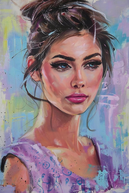 a painting of a woman with a pink lip and a purple dress