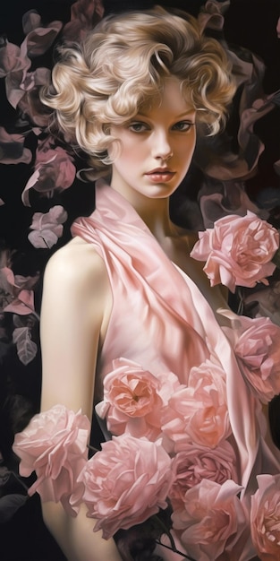 A painting of a woman with pink roses on her dress