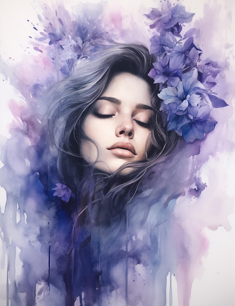 Painting of a woman with purple flowers in her hair generative ai