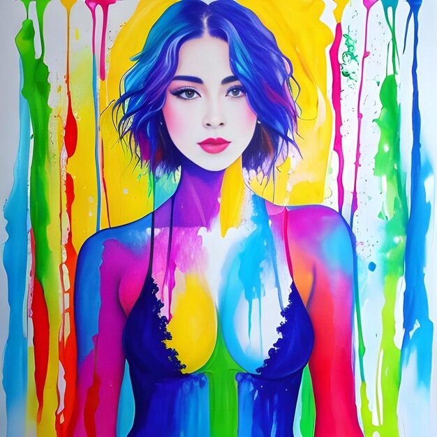 A painting of a woman with purple hair and a colorful shirt